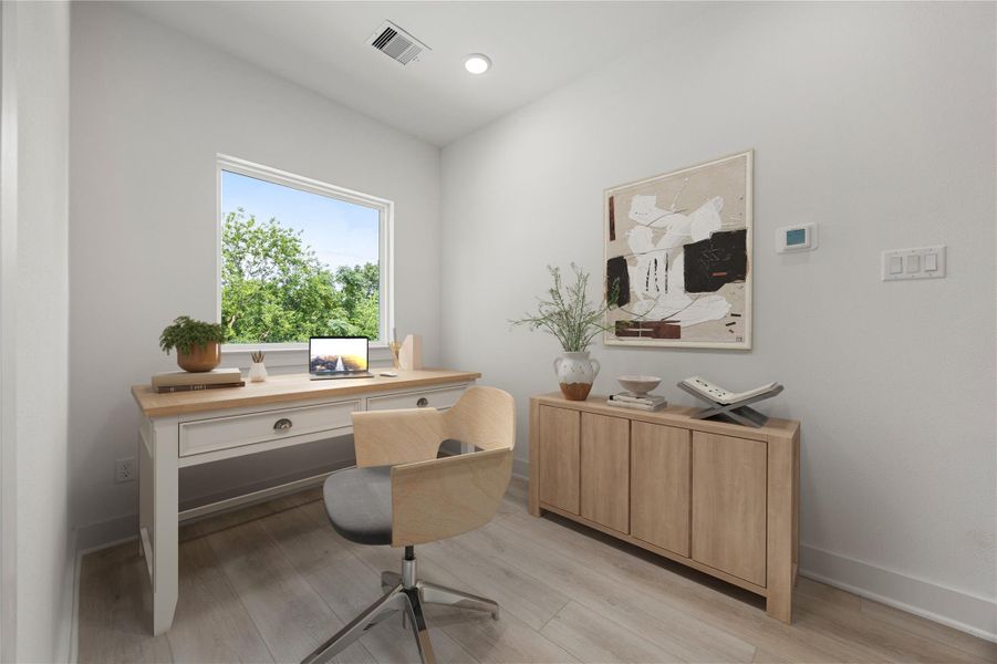 Nestled away quietly upstairs of the home is the perfect space for a home office or homework nook. Featuring high ceilings, neutral paint, wood like vinyl flooring, recessed lighting and large windows with privacy blinds. Nestled away quietly upstairs of the home is the perfect space for a home office or homework nook. Featuring high ceilings, neutral paint, wood like vinyl flooring, recessed lighting and large windows with privacy blinds.