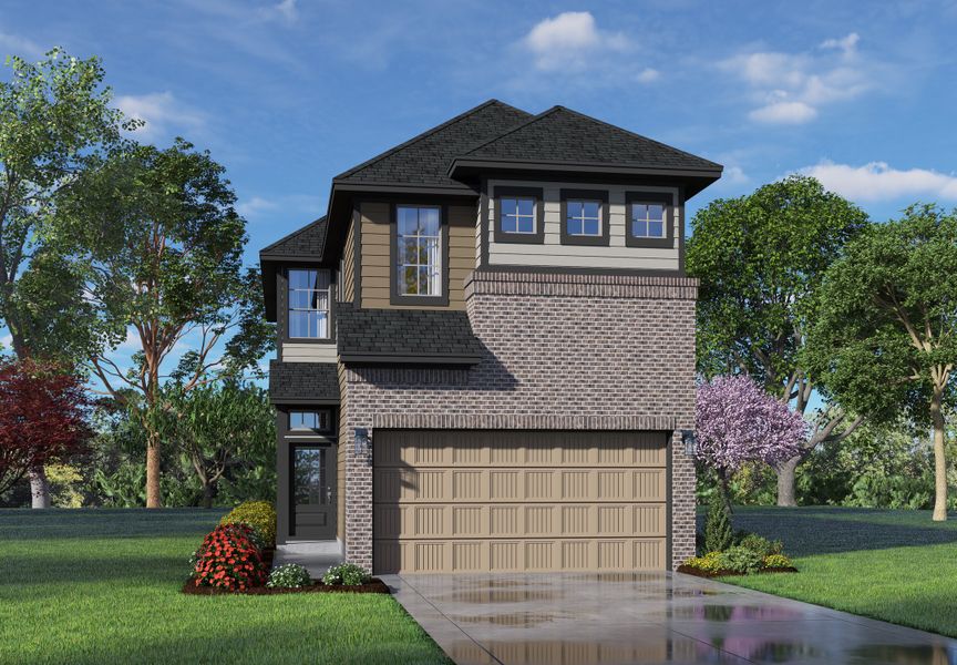 Front exterior of a new home in Meridiana, Manvel, TX, highlighting curb appeal (Image 22).