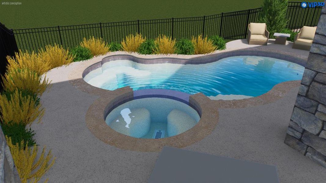 This rendering showcases a pool option that can be added. The spacious lot offers plenty of room to create your own private backyard retreat.