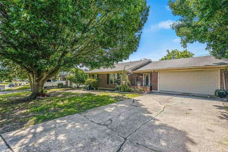 Brick-front single-story residence featuring a two-car garage, concrete driveway, and established front yard landscaping with mature trees Brick-front single-story residence featuring a two-car garage, concrete driveway, and established front yard landscaping with mature trees