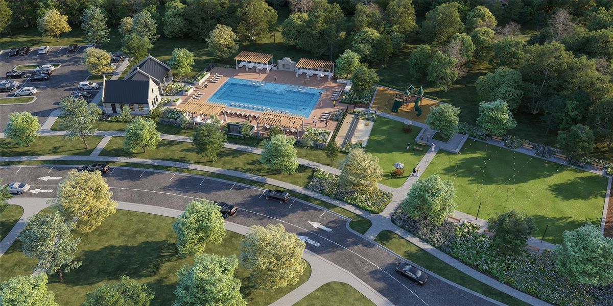 An aerial view captures the vibrant community amenities, featuring a sparkling pool, recreation area, and inviting green spaces. An aerial view captures the vibrant community amenities, featuring a sparkling pool, recreation area, and inviting green spaces.