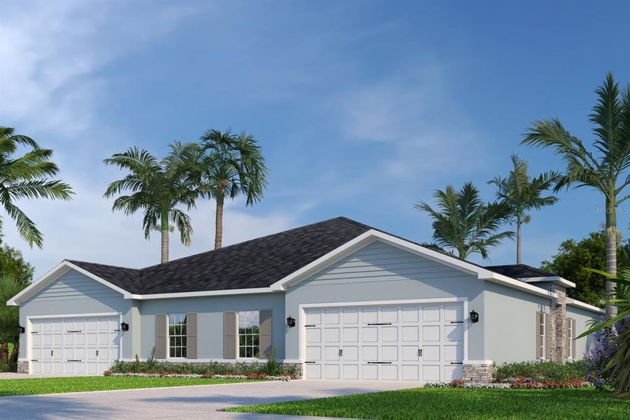 Front exterior of a new home in Hammock Oaks Villas, Lady Lake, FL, highlighting curb appeal (Image 1).