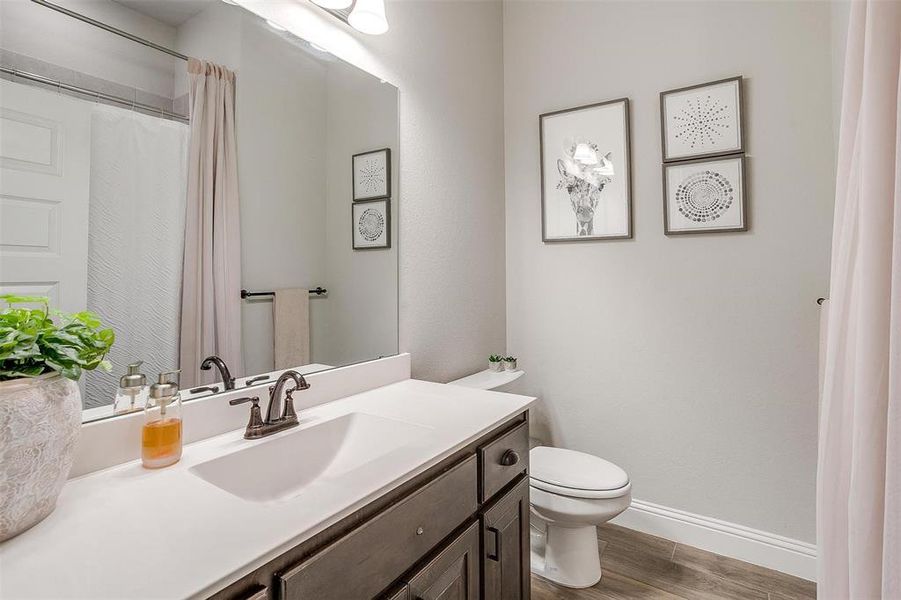 Bathroom featuring wood-type flooring, vanity, toilet, and curtained shower