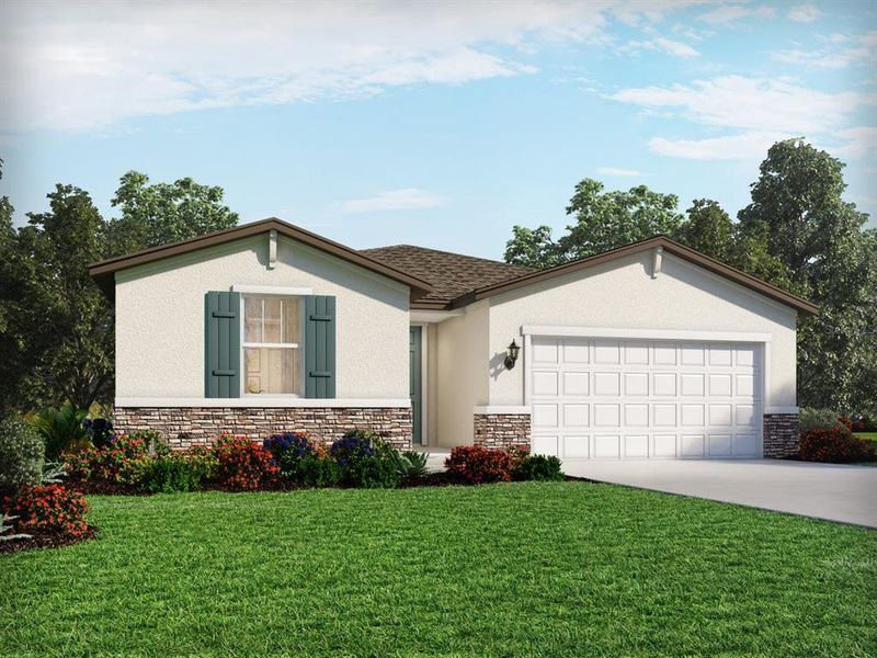 Front exterior of a new home in Two Rivers - Classic Series, Zephyrhills, FL, highlighting curb appeal (Image 21).