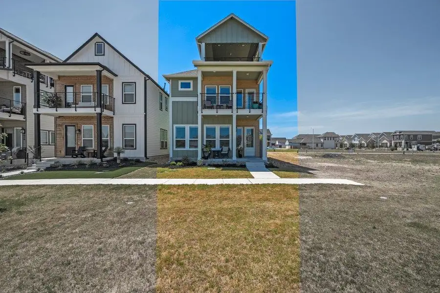 Striking three-story architectural design showcases multiple covered balconies and vertical siding under clear blue skies. Striking three-story architectural design showcases multiple covered balconies and vertical siding under clear blue skies.