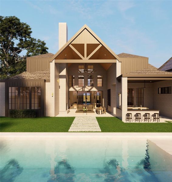 Anchored by a dramatic gabled pavilion, this outdoor living space feels like a natural extension of the home—where soaring architecture, layered seating, and an inviting pool create a setting designed for connection and ease.