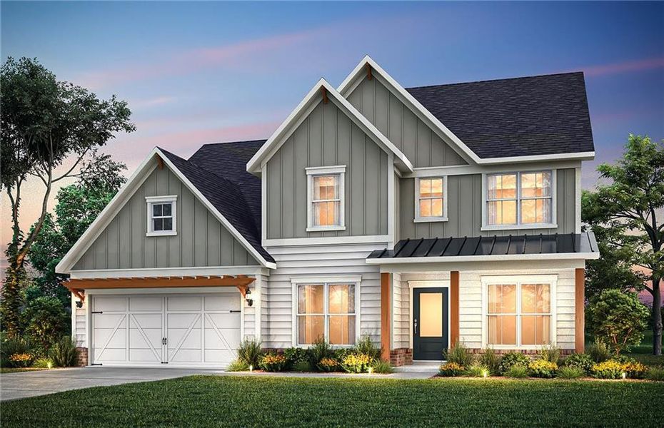 Front exterior of a new home in Berkeley Mill, Cumming, GA, highlighting curb appeal (Image 1). Front exterior of a new home in Berkeley Mill, Cumming, GA, highlighting curb appeal (Image 1).