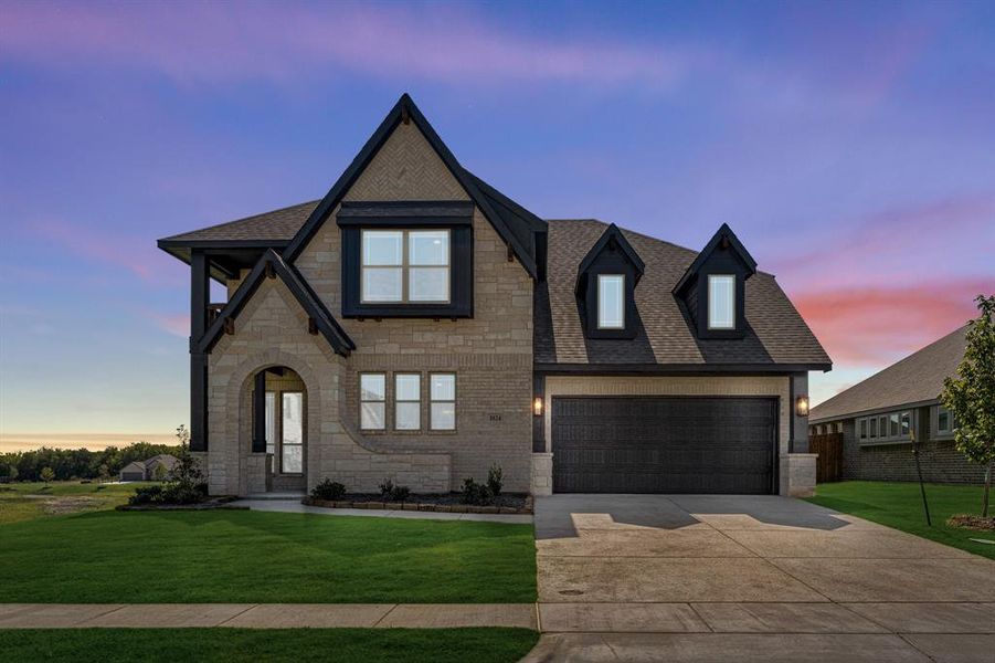 Front exterior of a new home in Hunters Ridge, Crowley, TX, highlighting curb appeal (Image 1).