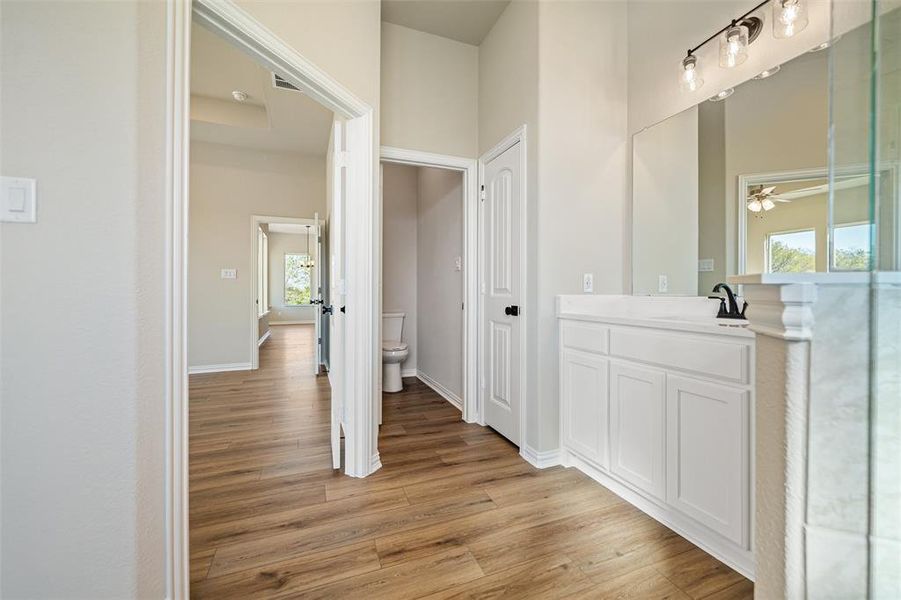 Full bath with vanity, light wood-style flooring, and a ceiling fan