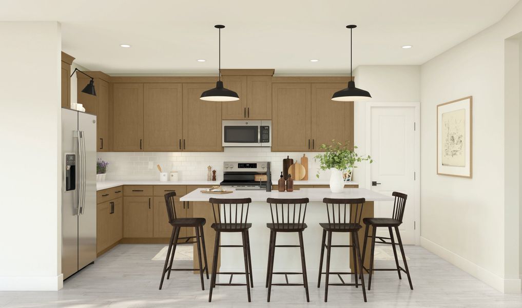 Kitchen with vast island & pendant lights