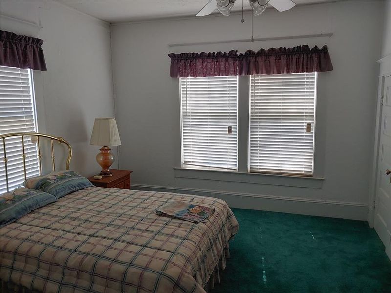 Room featuring two large windows with blinds, a ceiling fan, and green carpet flooring Room featuring two large windows with blinds, a ceiling fan, and green carpet flooring