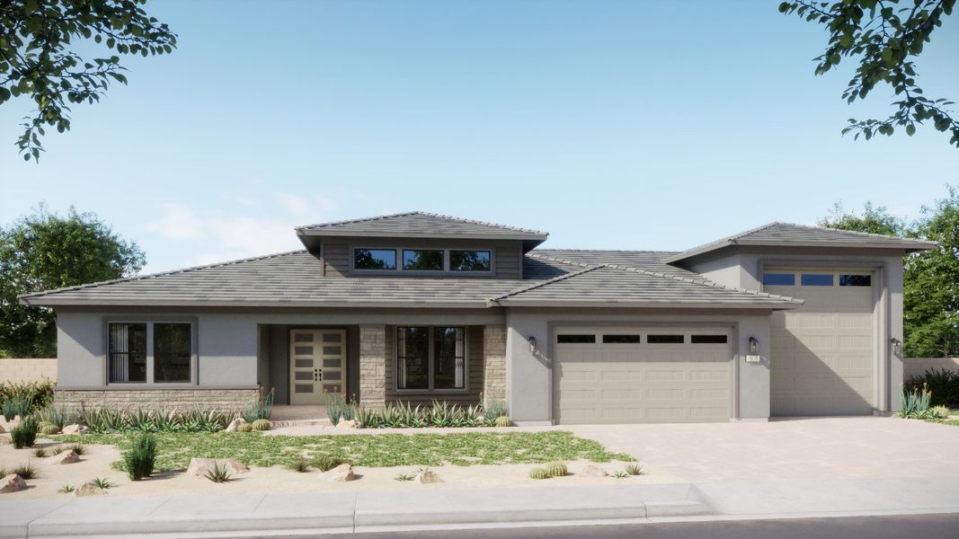 Front exterior of a new home in Estates at Kings Ranch, Gold Canyon, AZ, highlighting curb appeal (Image 29). Front exterior of a new home in Estates at Kings Ranch, Gold Canyon, AZ, highlighting curb appeal (Image 29).