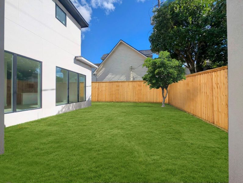 Backyard and tall fence for fun and privacy year round. This is a render.