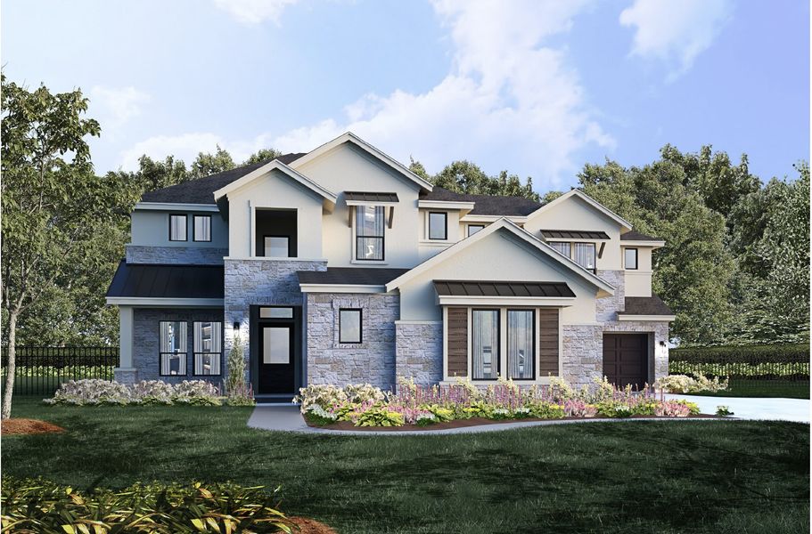 Front exterior of a new home in Riverstone, Georgetown, TX, highlighting curb appeal (Image 1). Front exterior of a new home in Riverstone, Georgetown, TX, highlighting curb appeal (Image 1).