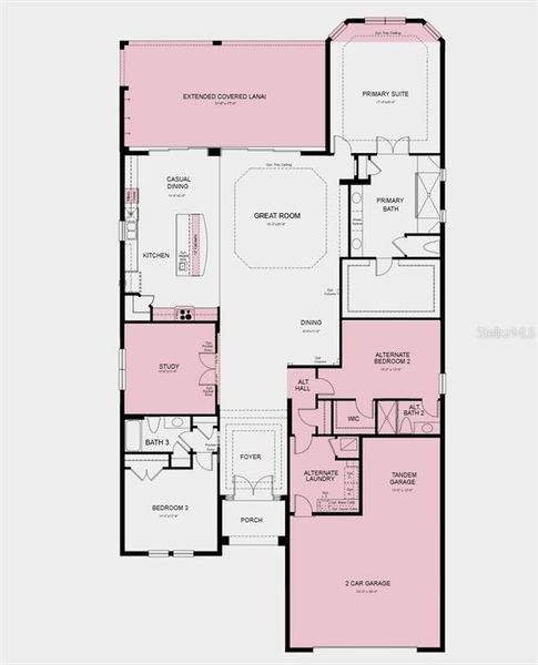 Floor Plan - Structural options added include: gourmet kitchen, study with double doors, tandem garage, covered extended lanai with an outdoor kitchen rough-in, tray ceiling with crown molding in the primary suite, pool pre-wire, and bay window in the primary suite