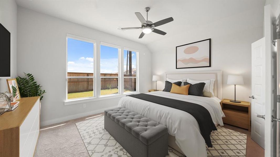 The primary bedroom welcomes you with bright natural light and a perfect view of the private backyard. It sits at the back of the home offering additional privacy and easily fits a king size bed plus furniture!  *This room has been virtually staged