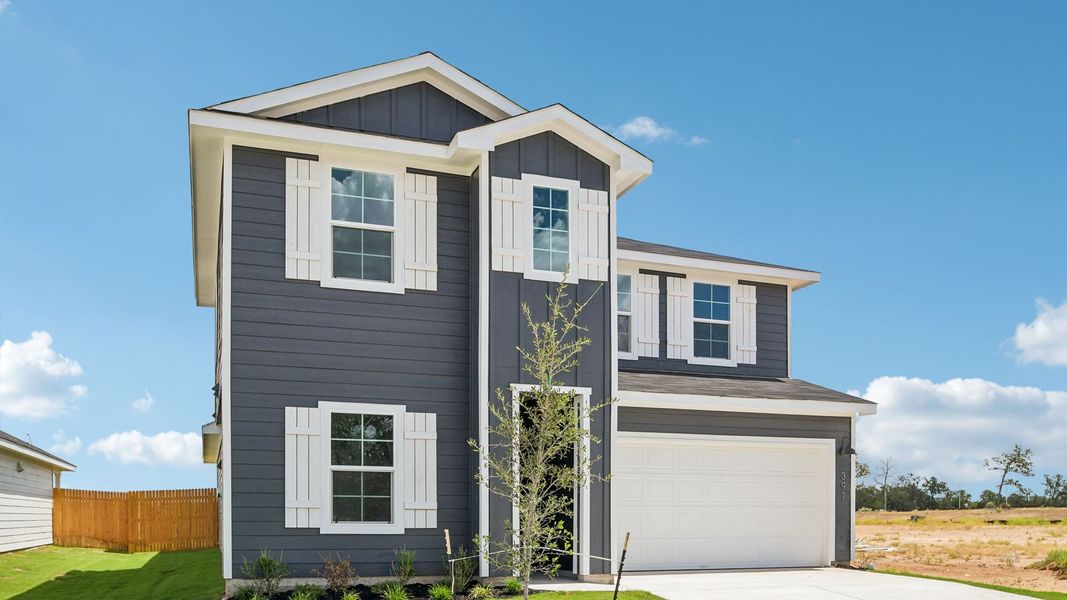 Front exterior of a new home in Valverde, Bastrop, TX, highlighting curb appeal (Image 2).