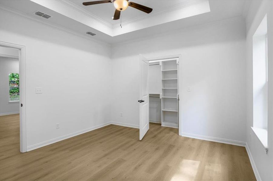 Unfurnished bedroom with a tray ceiling, light wood finished floors, a spacious closet, ornamental molding, and a ceiling fan