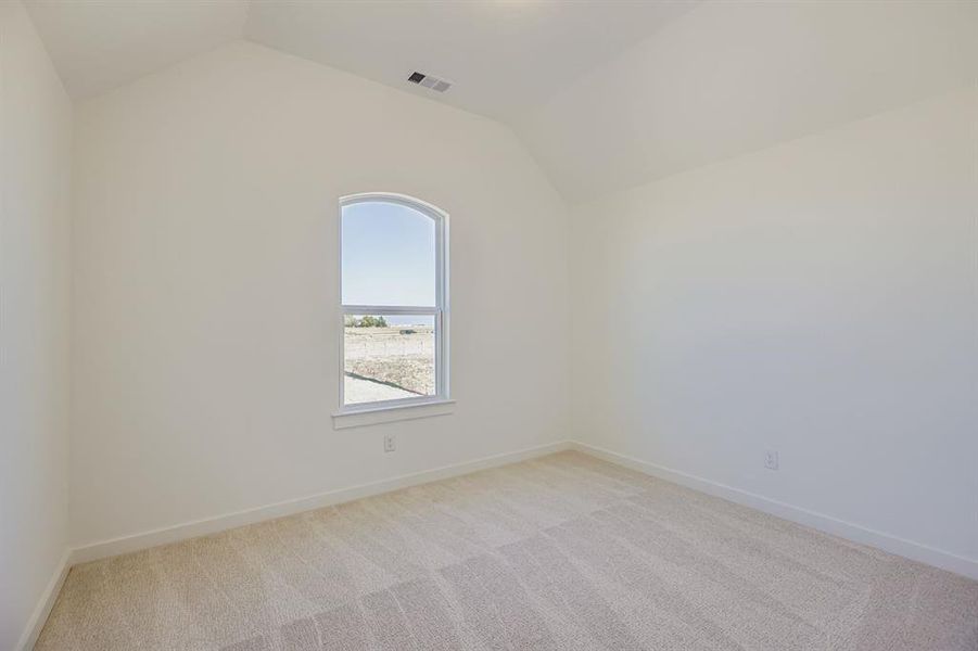 Spare room featuring lofted ceiling and light carpet Spare room featuring lofted ceiling and light carpet