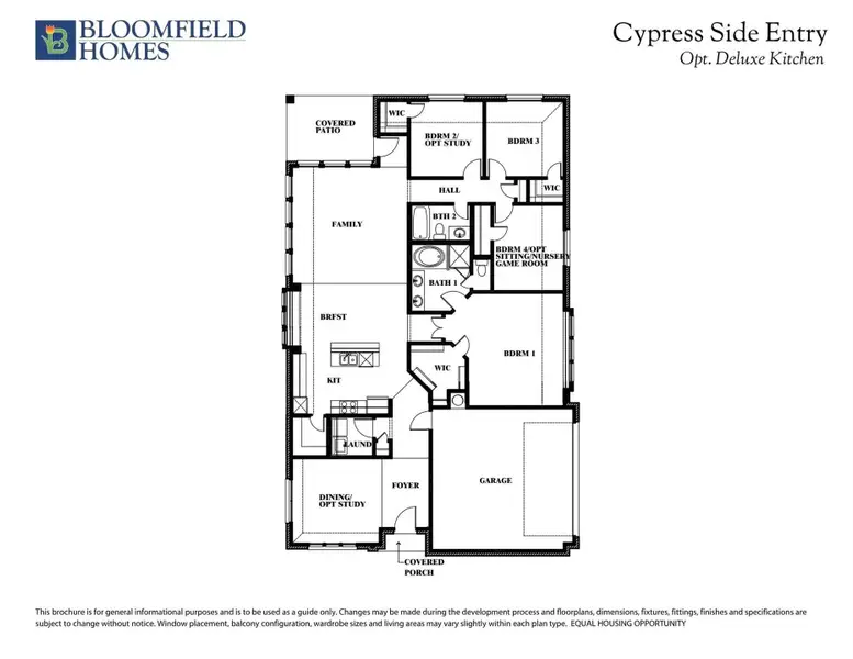 Bloomfield Homes Cypress Side Entry floor plan with optional deluxe kitchen, showing four bedrooms, two bathrooms, family room, and garage. Bloomfield Homes Cypress Side Entry floor plan with optional deluxe kitchen, showing four bedrooms, two bathrooms, family room, and garage.