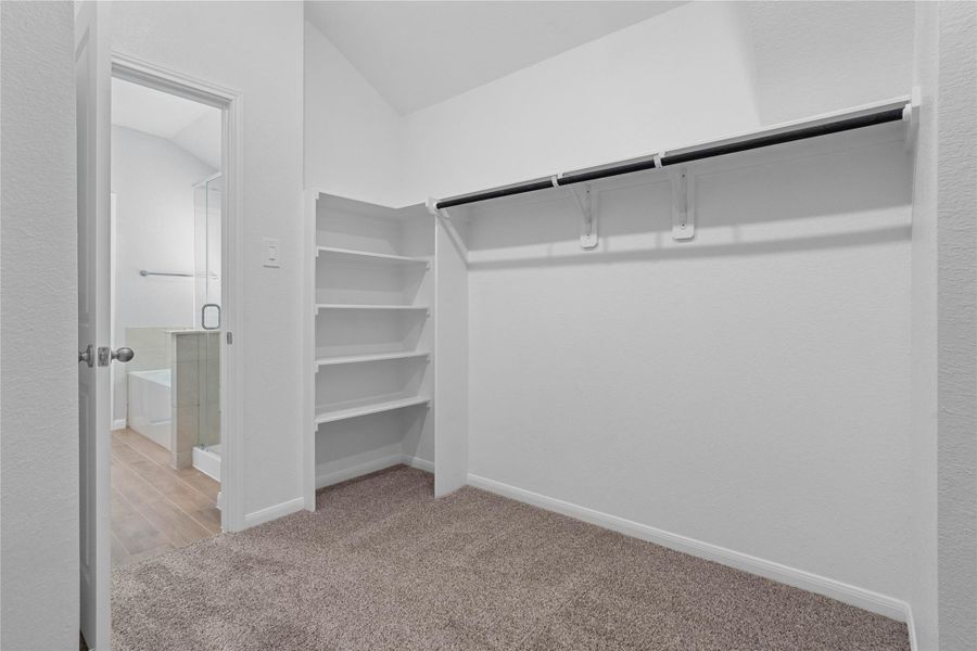 The primary suite features a generous walk-in closet equipped with functional hanging rods and shelving.