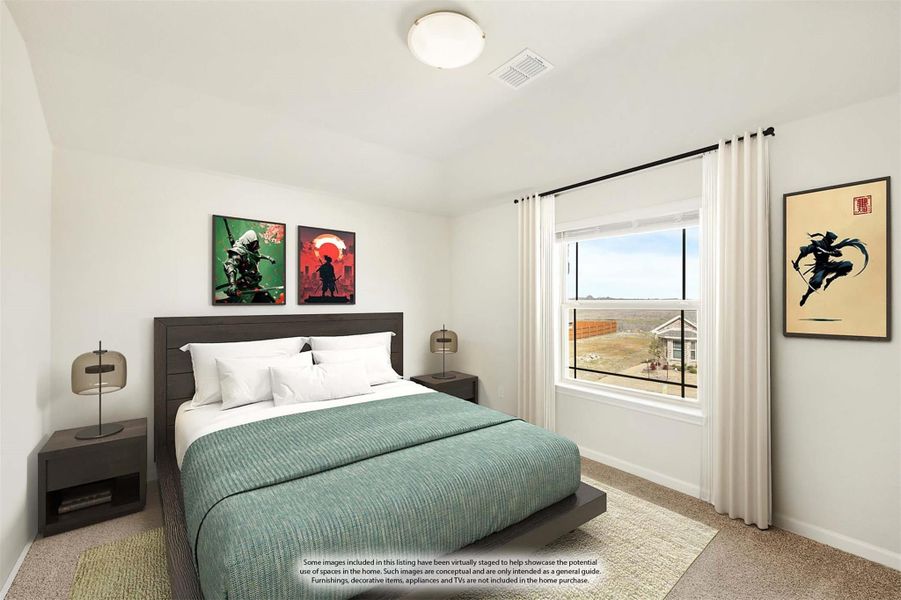 Bedroom with queen bed, dark wood platform frame, carpet flooring, and large window with natural light Bedroom with queen bed, dark wood platform frame, carpet flooring, and large window with natural light