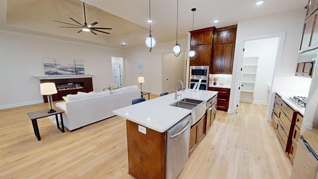 Kitchen with stainless steel appliances, open floor plan, light wood finished floors, a ceiling fan, and recessed lighting