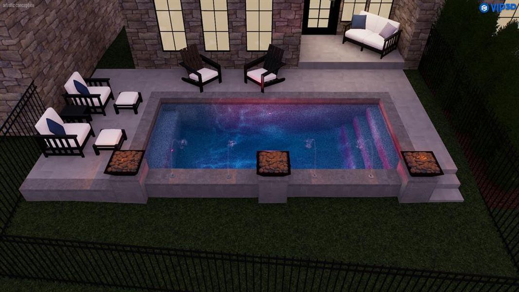 This rendering showcases a pool option that can be added. The spacious lot offers plenty of room to create your own private backyard retreat.