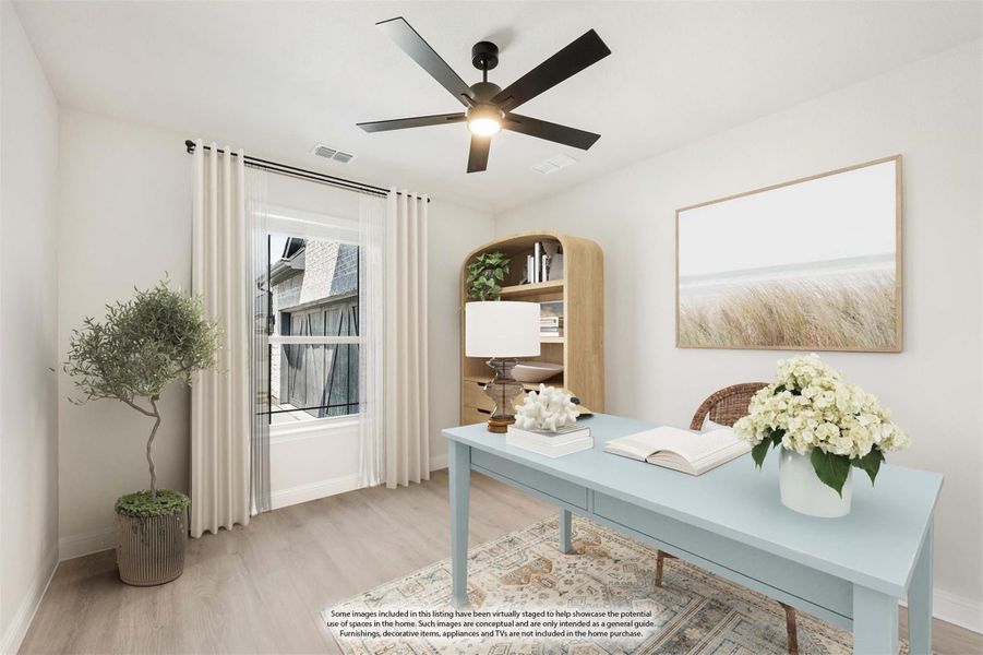 Home office with light blue desk, wood bookshelf, ceiling fan, and hardwood floors