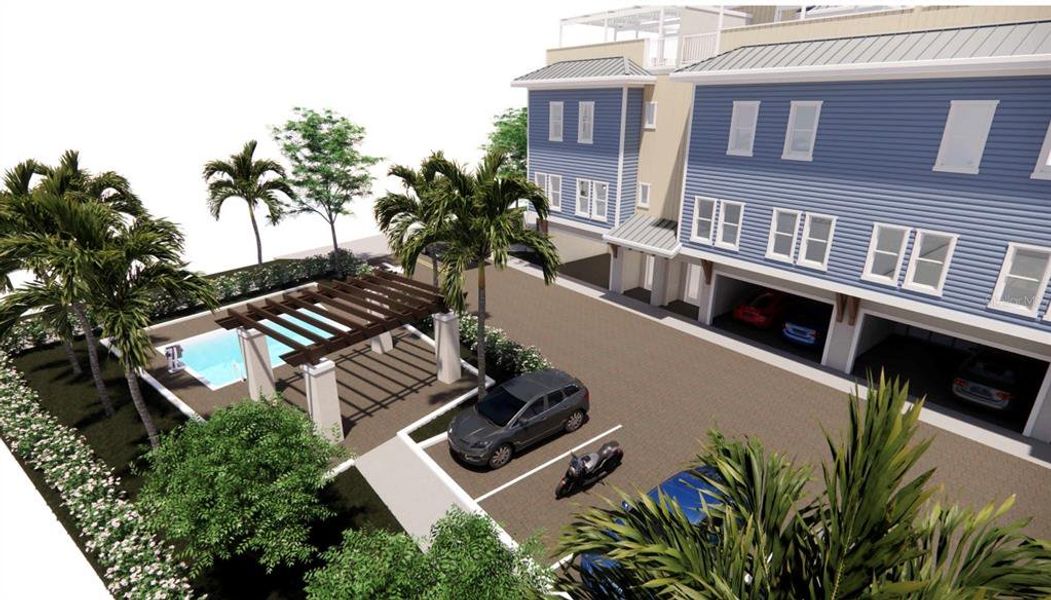 Aerial view of community pool with peirgola Aerial view of community pool with peirgola