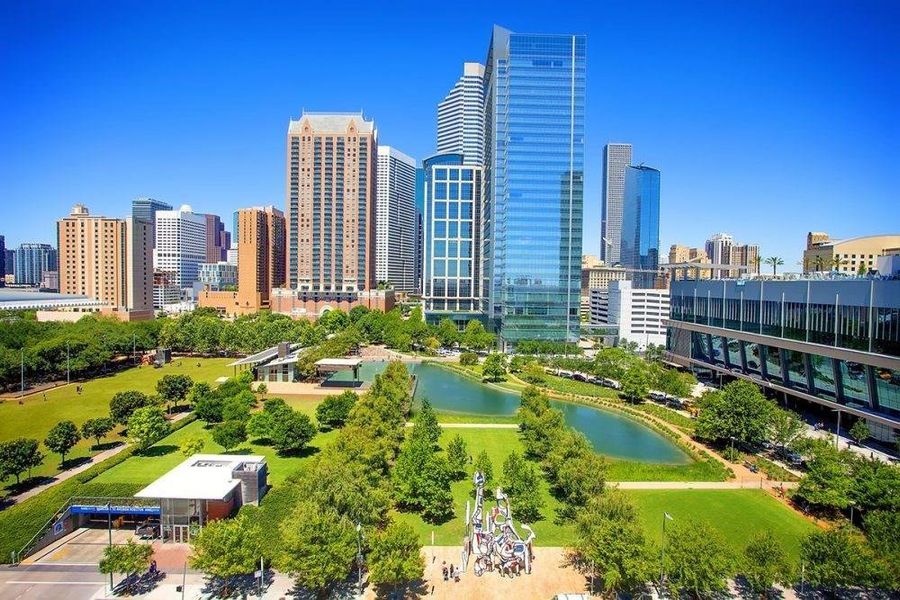 Discovery Green Park straight up Polk along with tons of restaurants along the way!