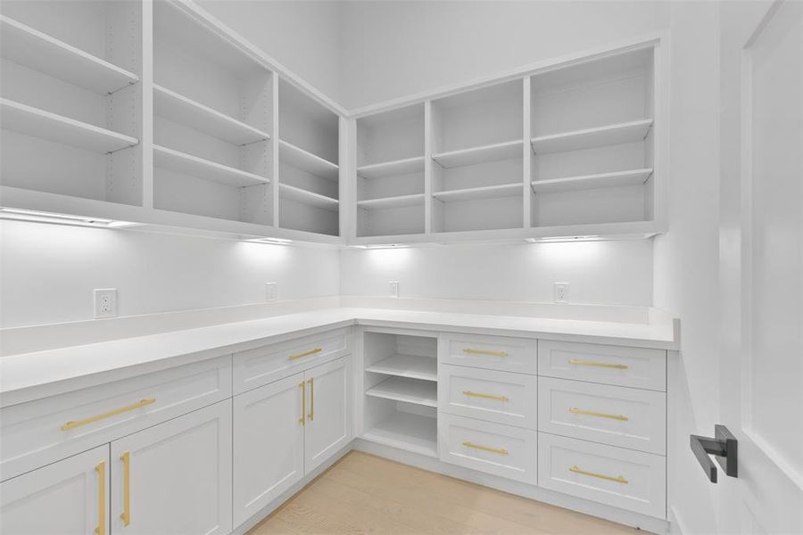 The walk-in pantry is designed to be versatile. It makes a great staging area or catering kitchen and offers ample space to store your everyday needs.