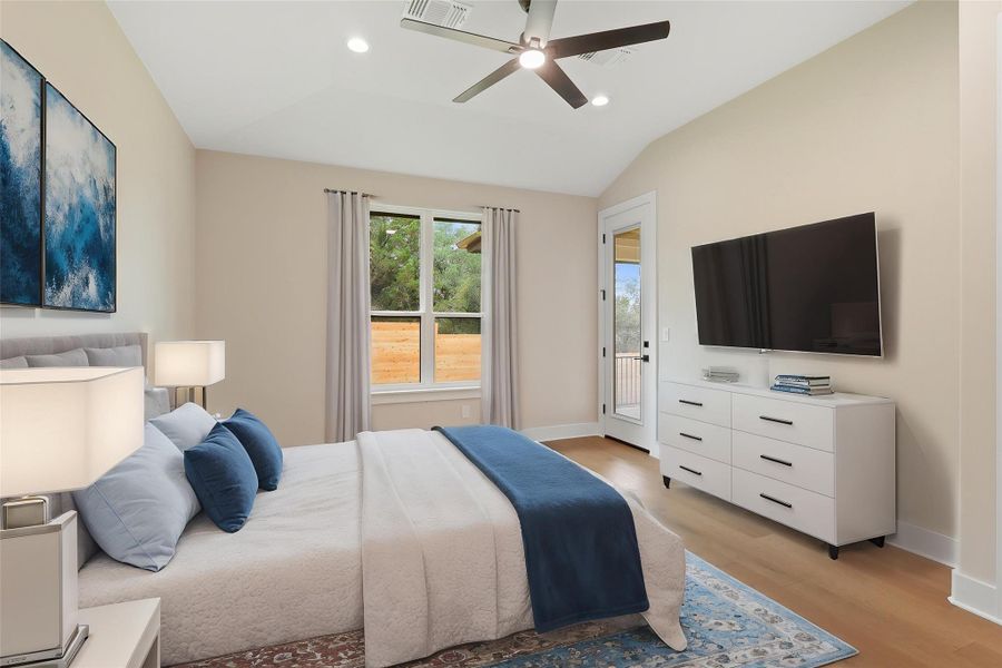 Master Bedroom with access to exterior, visible vents, baseboards, and light wood-type flooring Master Bedroom with access to exterior, visible vents, baseboards, and light wood-type flooring