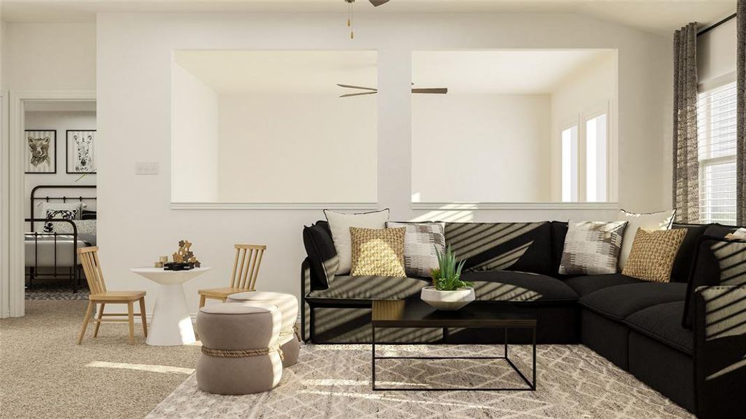 Living room with carpet floors and vaulted ceiling