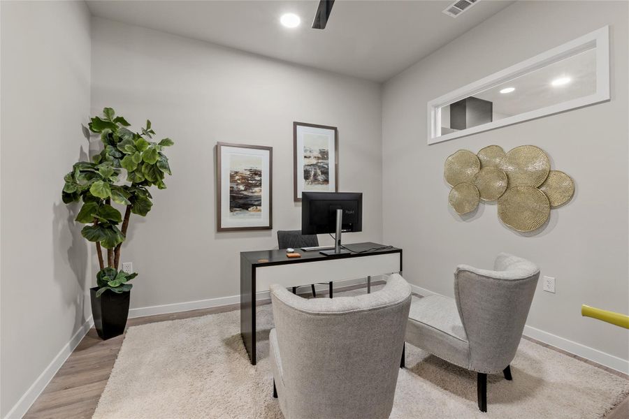 Office featuring wood finished floors, recessed lighting, and ceiling fan