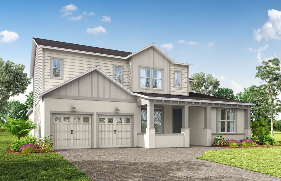 Representative exterior photo of a completed home built from the Merlot Grand by Pulte Homes in The Grow, Orlando, FL (Image 8). Representative exterior photo of a completed home built from the Merlot Grand by Pulte Homes in The Grow, Orlando, FL (Image 8).