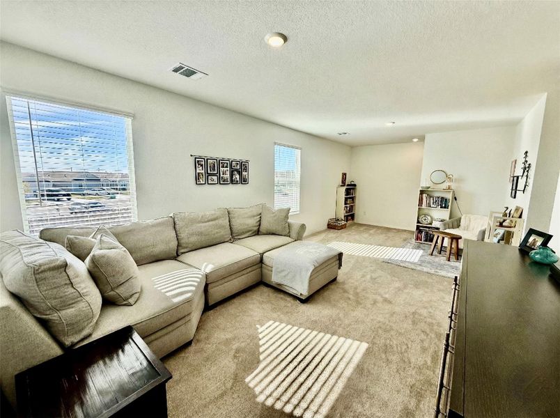 Living room with carpet floors and a textured ceiling
