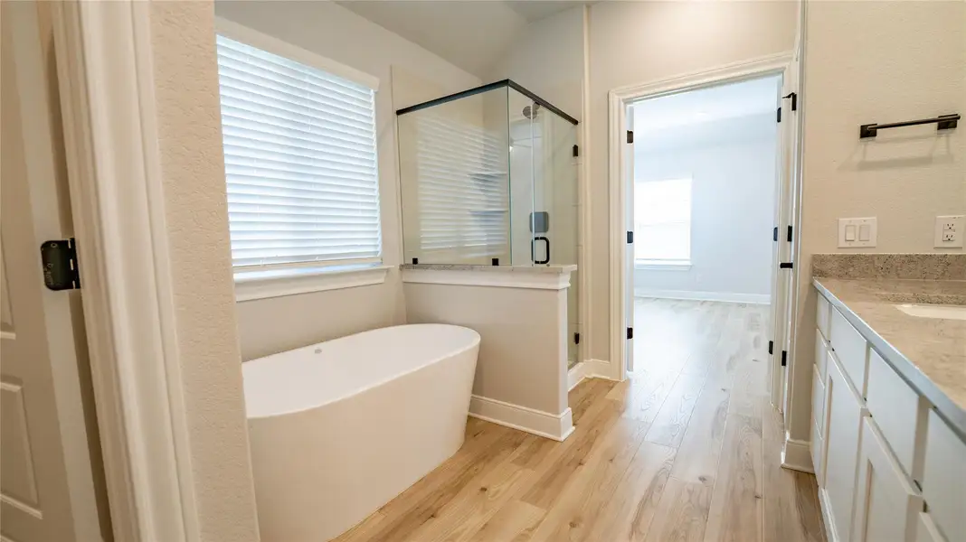 Bathroom with a freestanding bath, vanity, a stall shower, and light wood-type flooring Bathroom with a freestanding bath, vanity, a stall shower, and light wood-type flooring