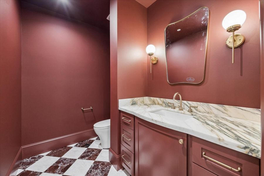 1st Floor Powder - Jewell Toned Walls add Mood with a Beautiful Marble Counter 1st Floor Powder - Jewell Toned Walls add Mood with a Beautiful Marble Counter