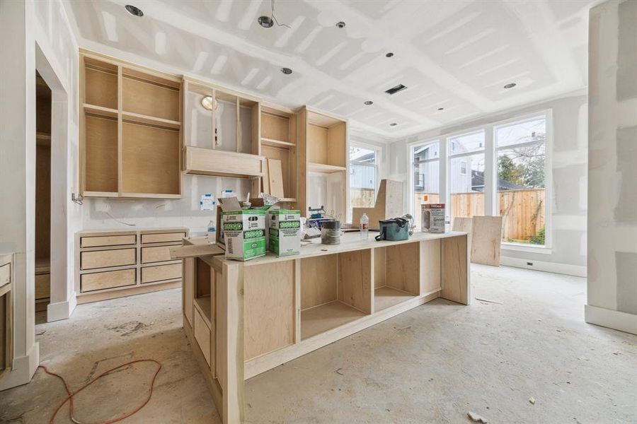 View towards the Island kitchen and breakfast area.   Construction as of Jan. 13th, 2025.