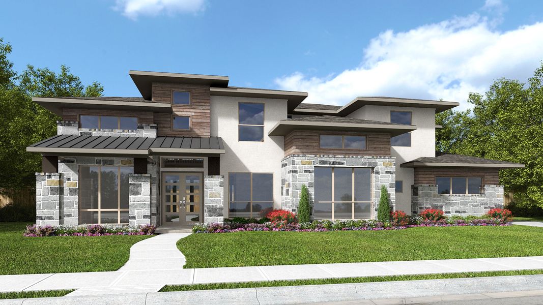 Representative exterior photo of a completed home built from the 4327A by Perry Homes in The Preserve At Elm Creek 1 Acre, New Braunfels, TX (Image 3). Representative exterior photo of a completed home built from the 4327A by Perry Homes in The Preserve At Elm Creek 1 Acre, New Braunfels, TX (Image 3).