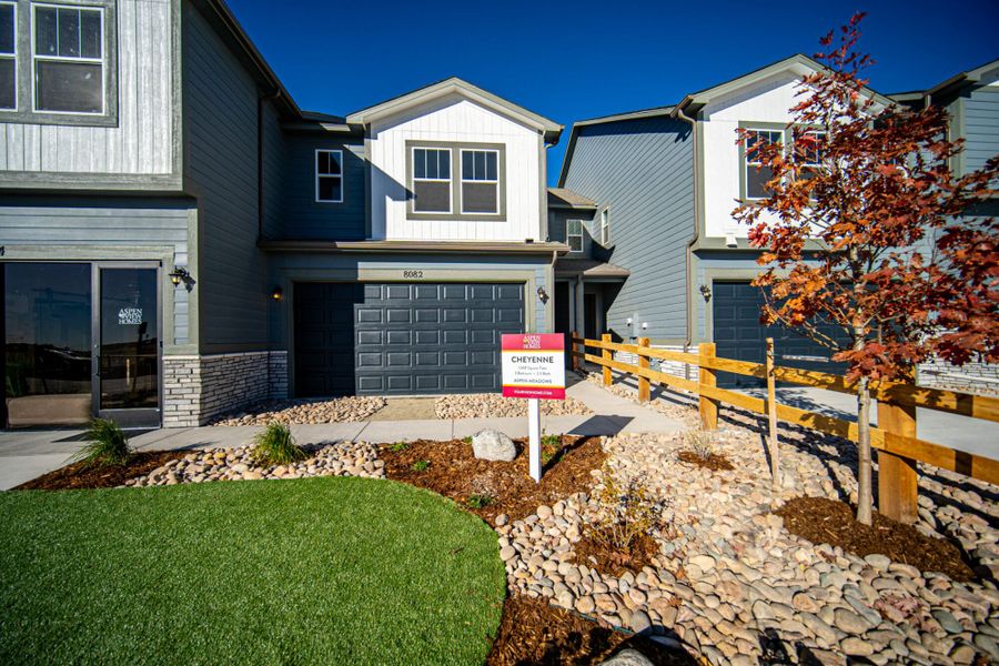 Representative exterior photo of a completed home built from the Cheyenne by View Homes in Aspen Meadows – Townhomes, Colorado Springs, CO (Image 2). Representative exterior photo of a completed home built from the Cheyenne by View Homes in Aspen Meadows – Townhomes, Colorado Springs, CO (Image 2).