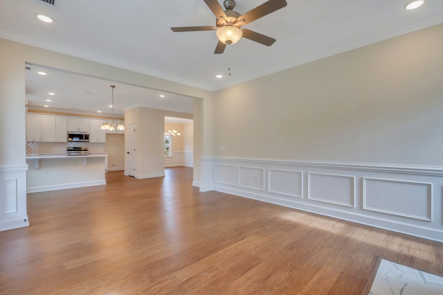 View from family room to dining room and kitchen - Nantucket plan built by Ernest Homes - Customer selections View from family room to dining room and kitchen - Nantucket plan built by Ernest Homes - Customer selections