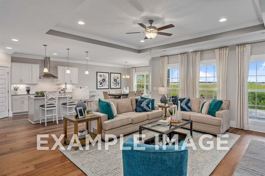 Living room featuring ceiling fan, a raised ceiling, light wood-type flooring, and crown molding