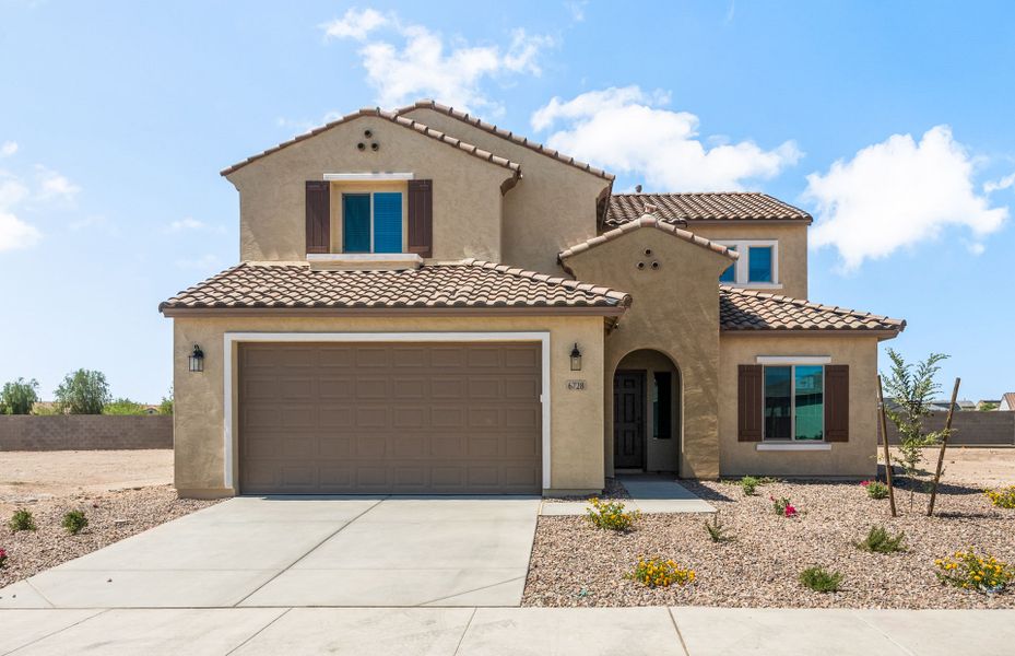 Front exterior of a new home in Parkside at Anthem at Merrill Ranch, Florence, AZ, highlighting curb appeal (Image 2).