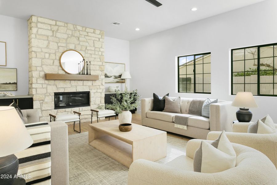 FLOOR TO CEILING STONE FIREPLACE