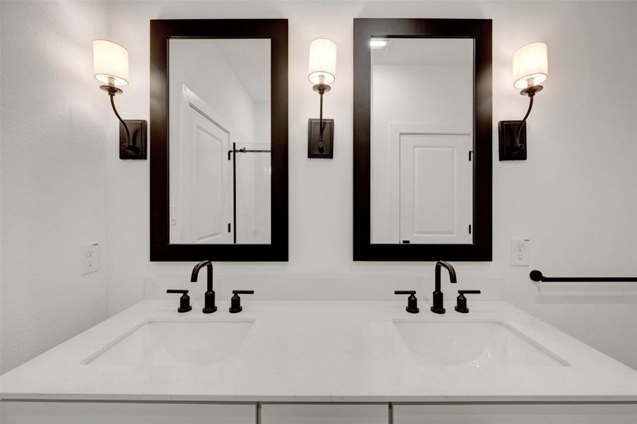 Relaxing primary bath with freestanding vanity