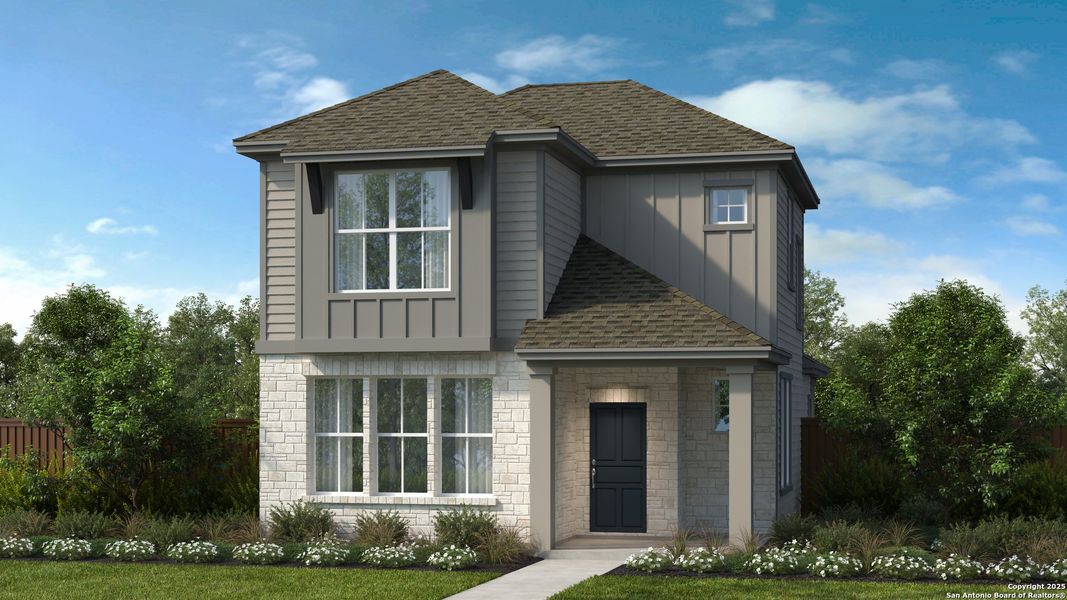 Front exterior of a new home in Mayfair, New Braunfels, TX, highlighting curb appeal (Image 1). Front exterior of a new home in Mayfair, New Braunfels, TX, highlighting curb appeal (Image 1).