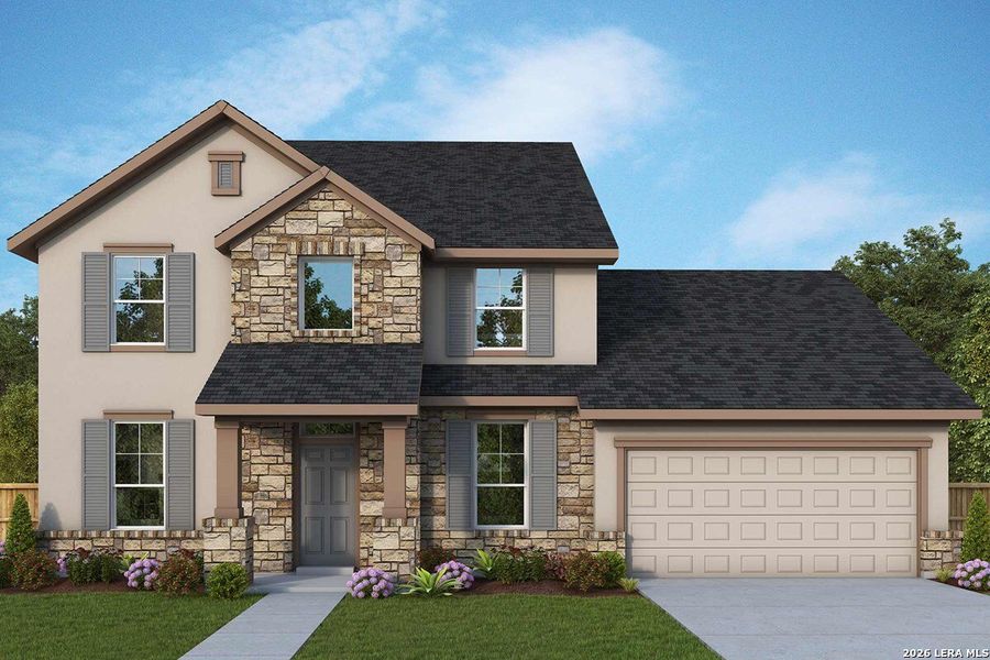 Front exterior of a new home in Davis Ranch 60', San Antonio, TX, highlighting curb appeal (Image 24). Front exterior of a new home in Davis Ranch 60', San Antonio, TX, highlighting curb appeal (Image 24).