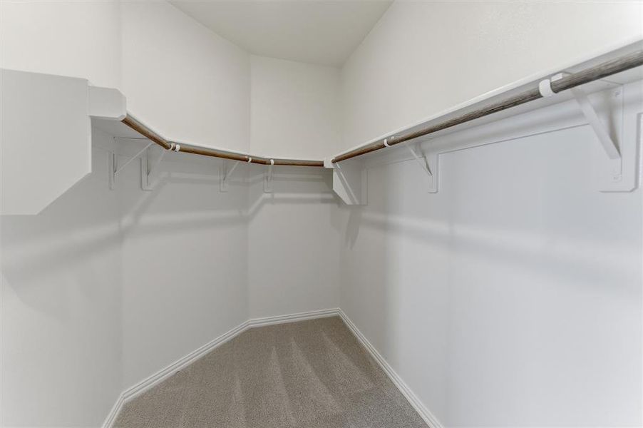 Walk-in closet featuring light gray carpeting, white baseboards, and white shelving with hanging rods Walk-in closet featuring light gray carpeting, white baseboards, and white shelving with hanging rods